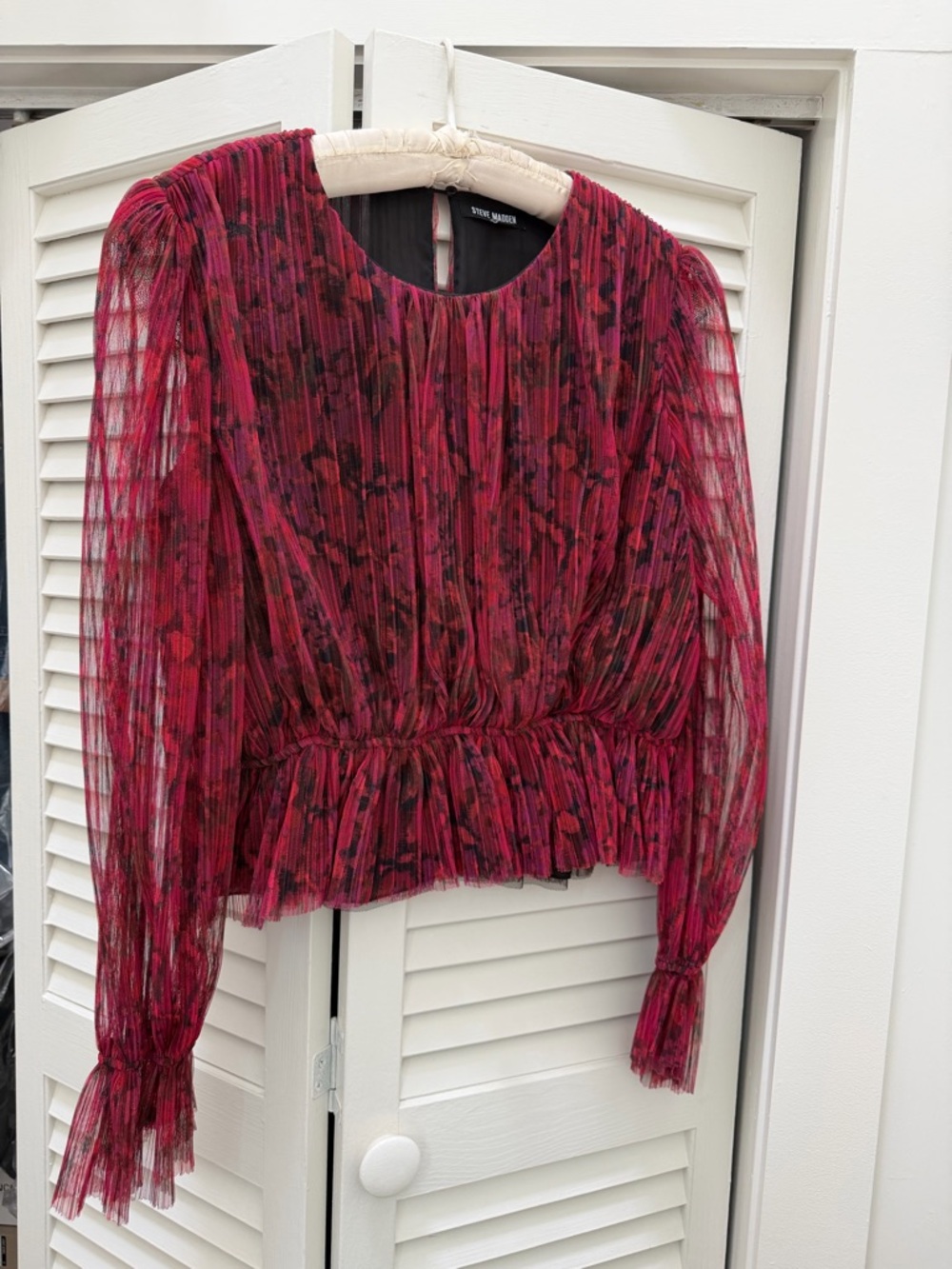 Steve Madden Burgundy Red Floral Pleated Sheer Blouse